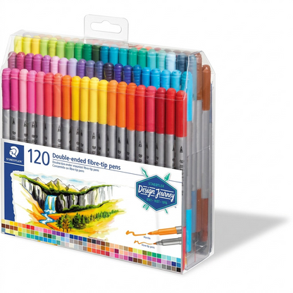 STAEDTLER Double-ended fibre-tip pens, 120 colors in a clear, high-resolution plastic case with original art and text. Pure white hero shot.