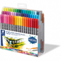STAEDTLER Double-ended fibre-tip pens, 120 colors in a clear, high-resolution plastic case with original art and text. Pure white hero shot.