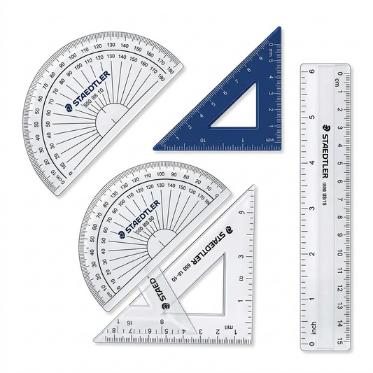 A pure high-resolution hero shot of the STAEDTLER geometry set, featuring 9 transparent and blue plastic tools.