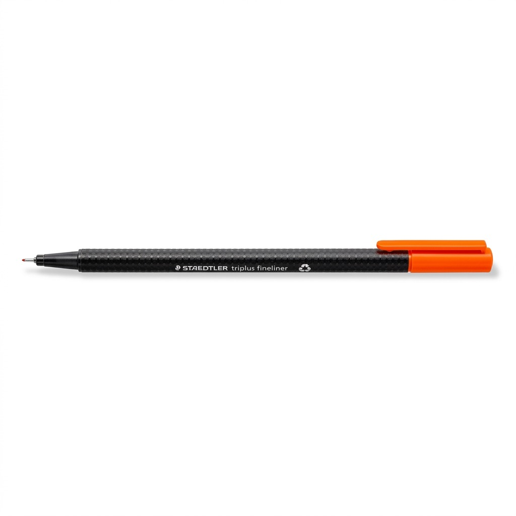 A sharp, high-resolution product photograph of the STAEDTLER triplus fineliner pen (MPN 334-4-A7), featuring a black textured barrel and bright orange cap, centered on a pure white background with realistic lighting and clean shadow.
