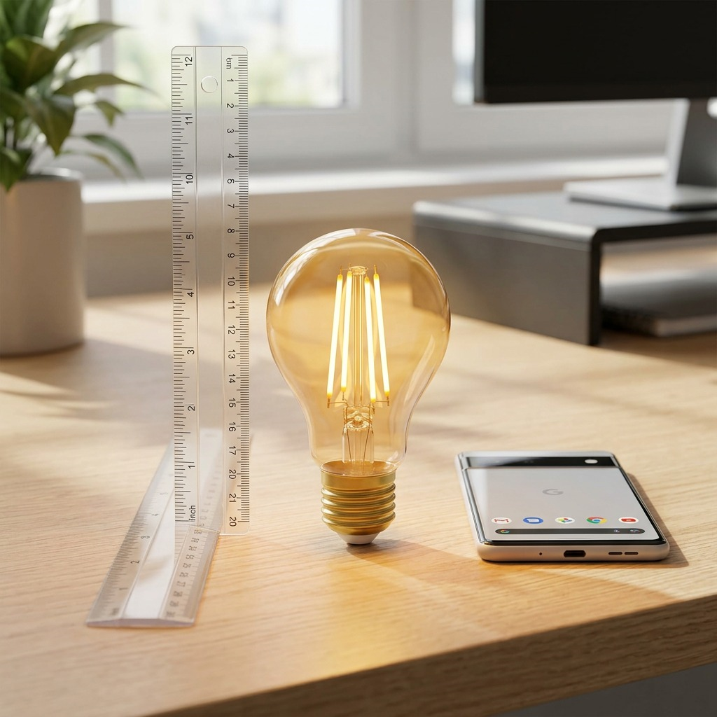 Sylvania SMART+ A19 amber filament bulb (2000K) shown next to a 12-inch ruler and smartphone for size.