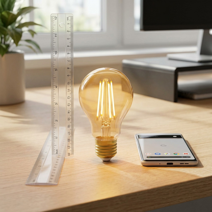 Sylvania SMART+ A19 amber filament bulb (2000K) shown next to a 12-inch ruler and smartphone for size.
