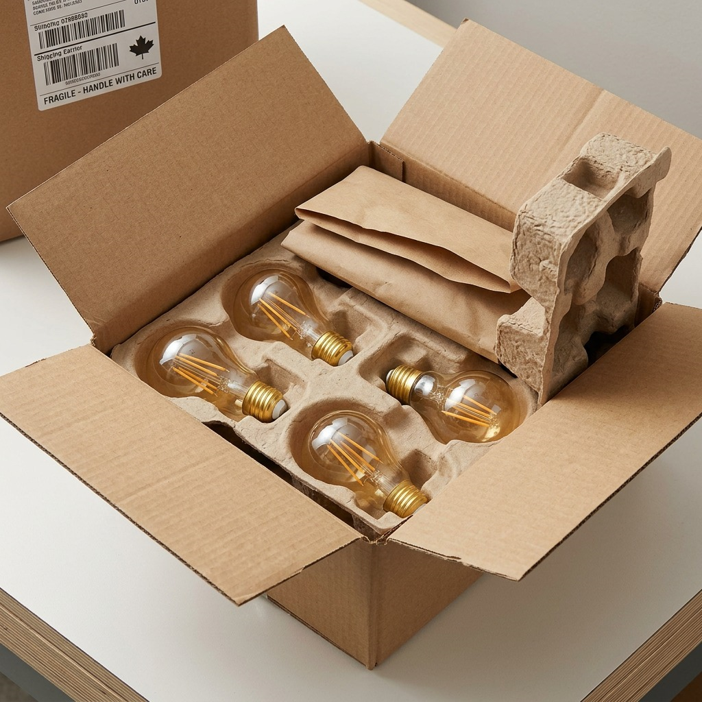 A realistic photo of multiple Sylvania SMART+ Wi-Fi filament amber A19 bulbs secured in protective pulp-molded packaging inside an open cardboard box.