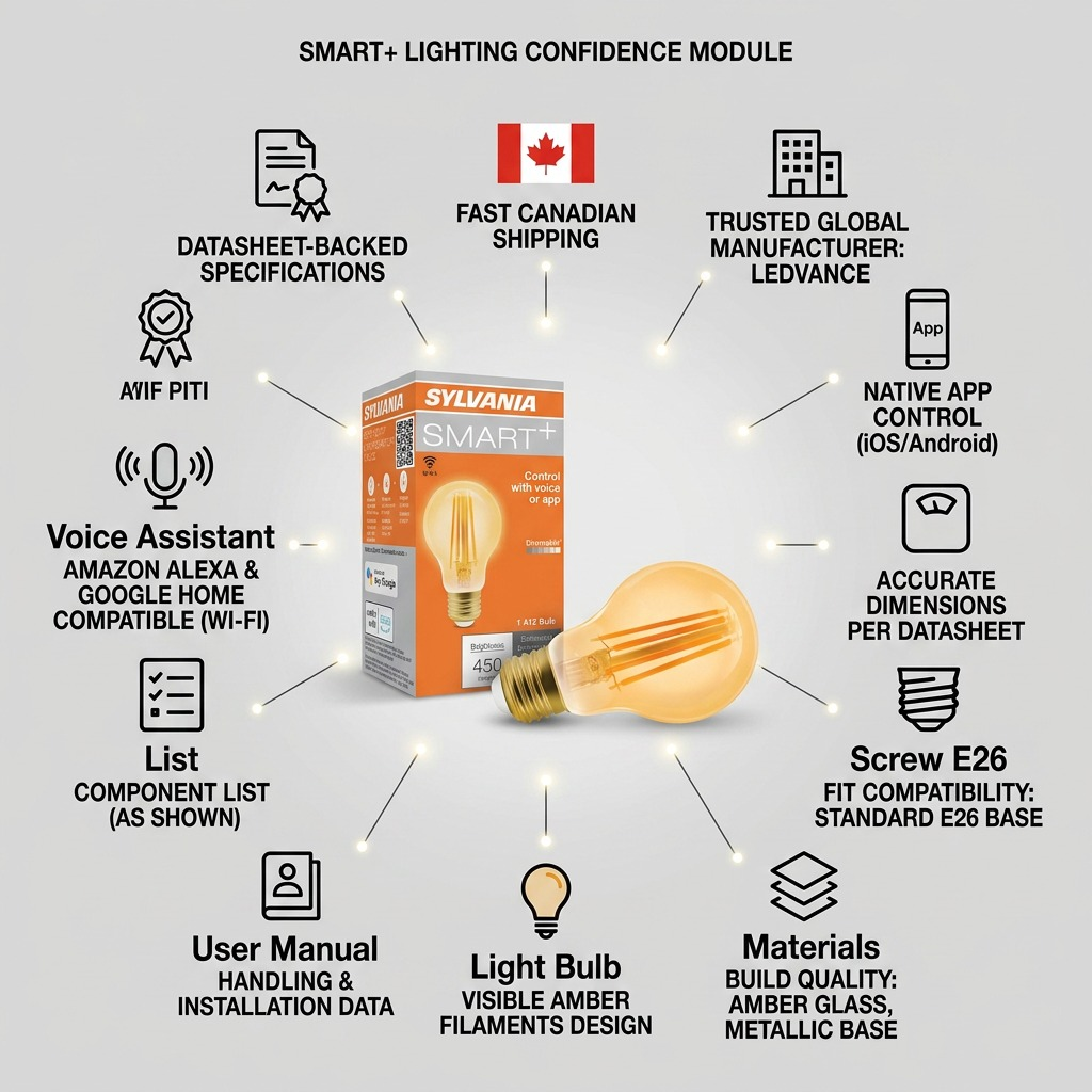 PDP infographic showcasing LEDVANCE SMART+ WiFi Filament Amber bulb (A19) with trust and authority cues.