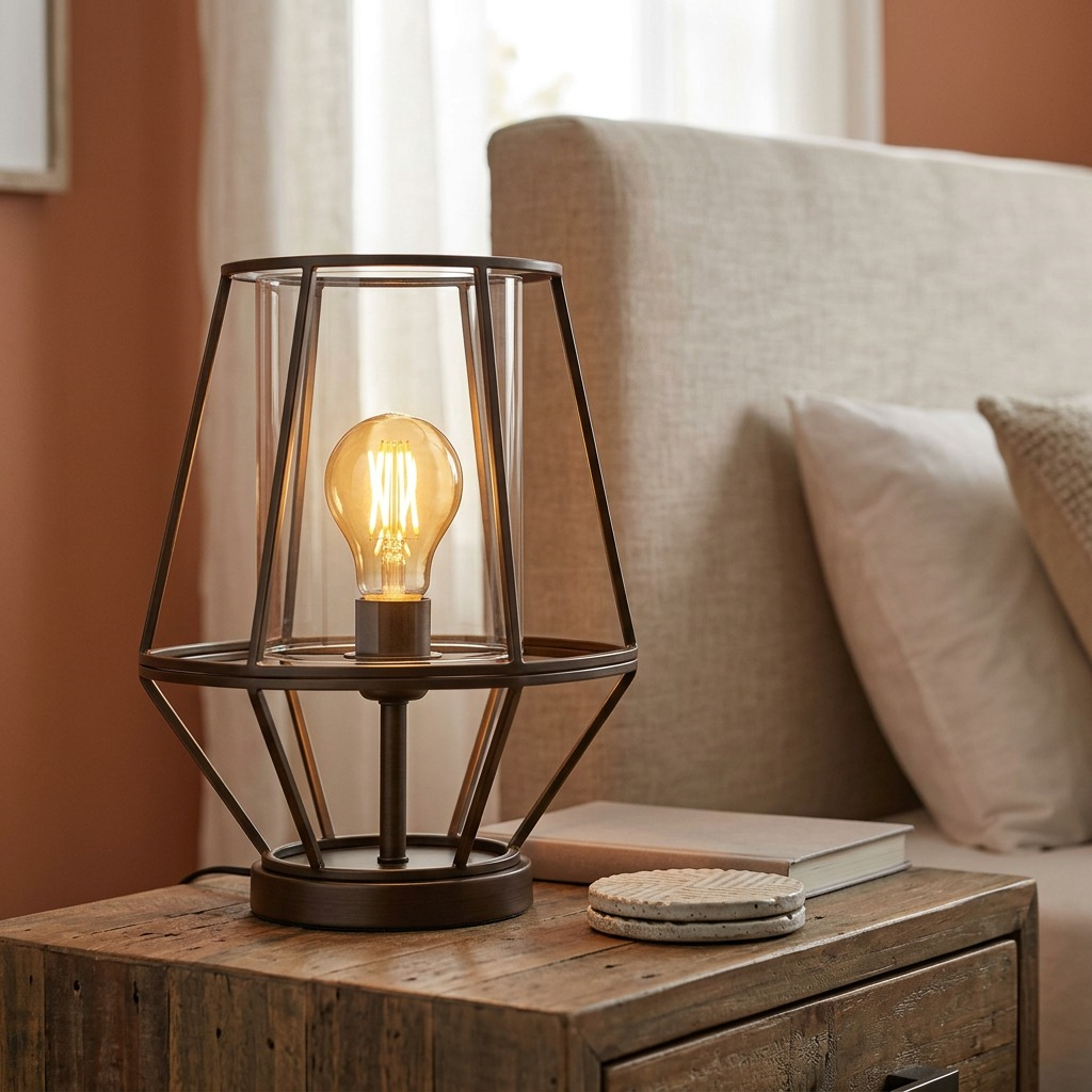 The SYLVANIA Sylvania SMART+ Wi-Fi Filament Amber A19 LED bulb installed in a modern table lamp on a rustic bedside table.