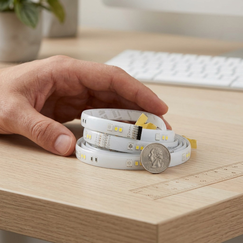 A clean product photo shows the coiled LEDVANCE SMART+ WiFi LED light strip next to a standard US quarter, demonstrating its relative size. The coiling and details precisely match the canonical product image.