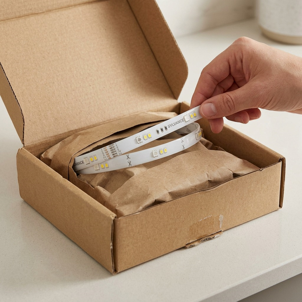 An angled product shot shows the LEDVANCE flex light strip extension coiled and pristine, partially emerged from a plain brown kraft shipping box lined with rumpled packing paper, conveying undamaged delivery.