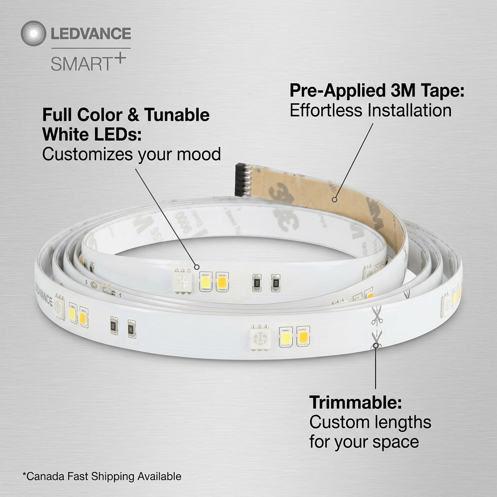 Feature callout infographic for LEDVANCE SMART+ WiFi Flex, detailing customizable color and easy install.