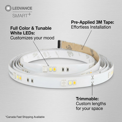 Feature callout infographic for LEDVANCE SMART+ WiFi Flex, detailing customizable color and easy install.