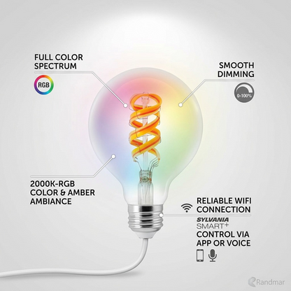 Detail view of a SYLVANIA SMART+ WiFi G25 bulb highlighting its coiled color filament.