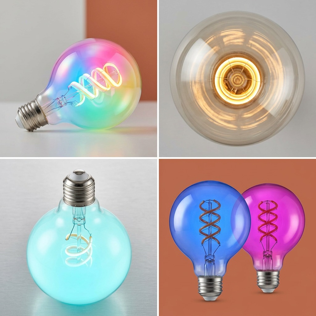Display matrix showing four Sylvania SMART+ WiFi G25 color changing light bulbs in different scenes and with diverse color palettes.
