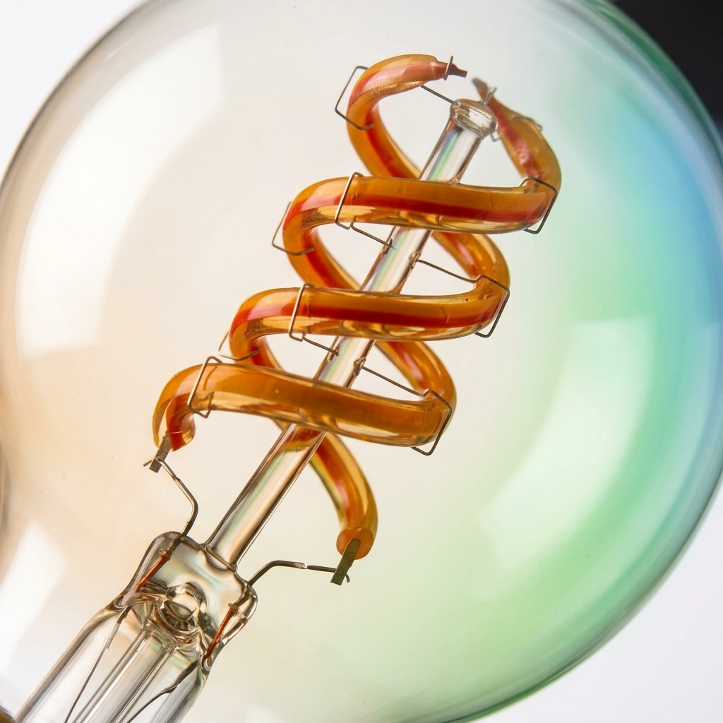Macro detail shot focused on the internal structure of the G25 LED bulb, highlighting the coiled filament set in glass with subtle green and blue ambient light reflecting off the interior surface, showing material texture and quality.