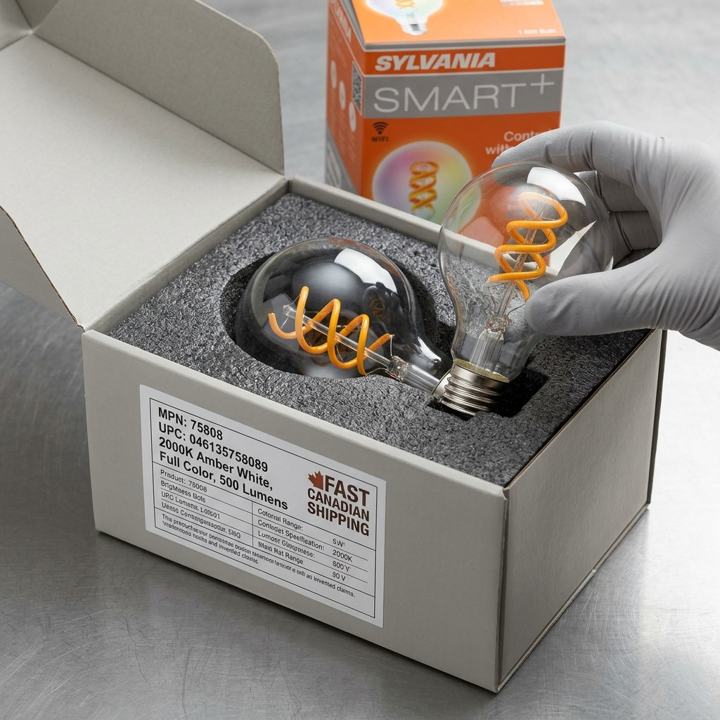 A premium close-up photo shows one G25 SMART+ LED bulb with its spiral filament glowing warmly, cradled in shock-absorbent natural foam inside a robust, unbranded shipping box. The scene's realistic lighting emphasizes the bulb's shape and secure position for safe transit and unboxing confidence.