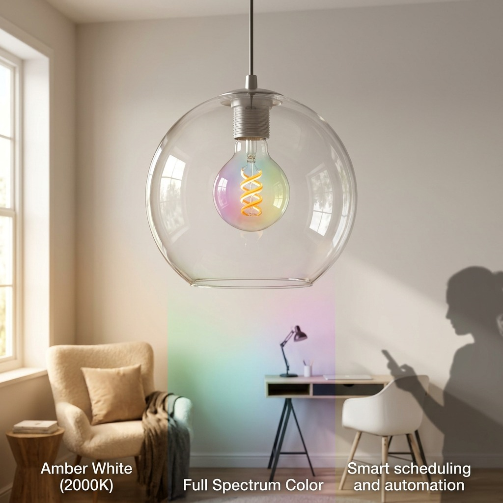 Sylvania SMART+ G25 filament bulb in a globe pendant light, showcasing full color and 2000K amber white, installed for home lifestyle control.