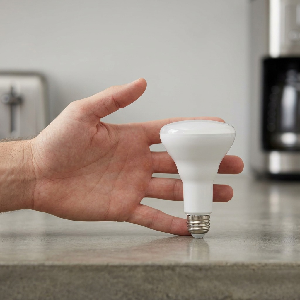 A product photograph of a Sylvania Smart+ R30 LED bulb next to a person's hand on a kitchen counter for scale.