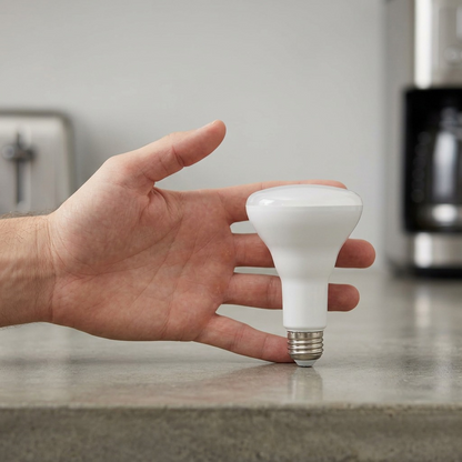 A product photograph of a Sylvania Smart+ R30 LED bulb next to a person's hand on a kitchen counter for scale.