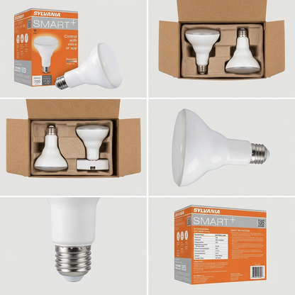 An intricate five-panel visual matrix displaying the SYLVANIA SMART+ WiFi lamp and packaging from varied perspectives, maintaining accurate brand colors and product details.