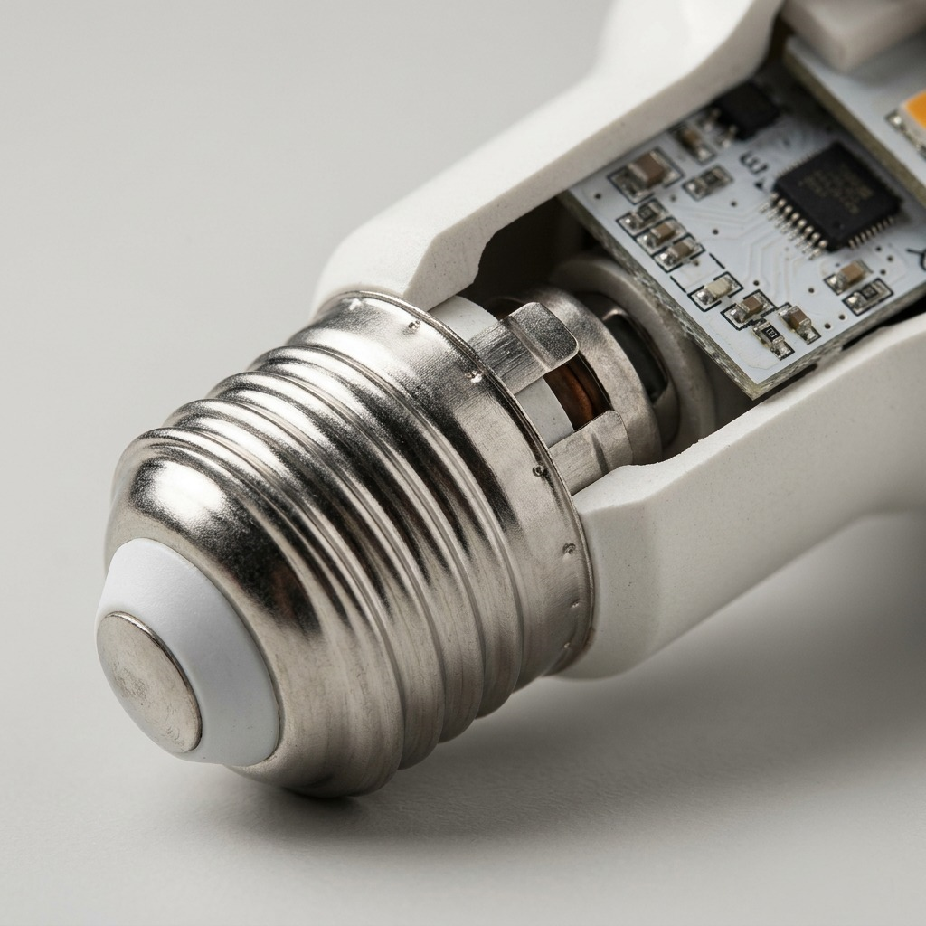 A macro photo of the Sylvania R20 LED bulb's metal screw base, showing the threads and contacts.