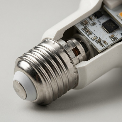A macro photo of the Sylvania R20 LED bulb's metal screw base, showing the threads and contacts.
