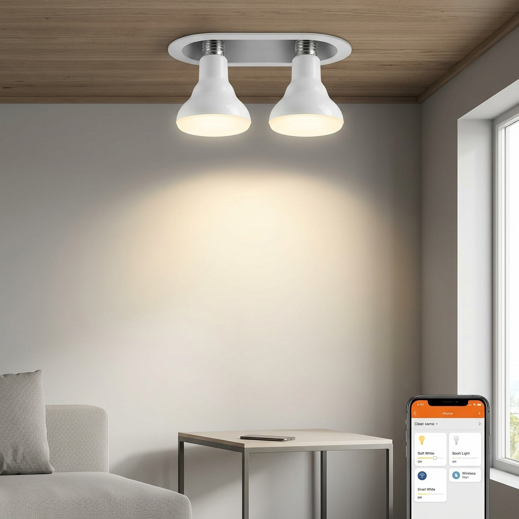 Two LEDVANCE SMART+ WiFi Soft White BR30 lamps illuminating a kitchen from recessed ceiling fixtures.