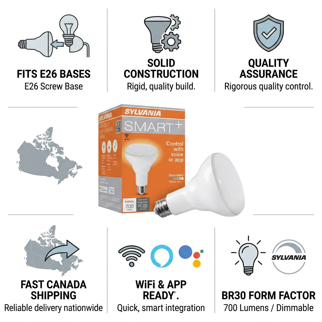 PDP trust and authority infographic with SYLVANIA SMART+ WiFi lamp, featuring feature icons and Canadian shipping cue.