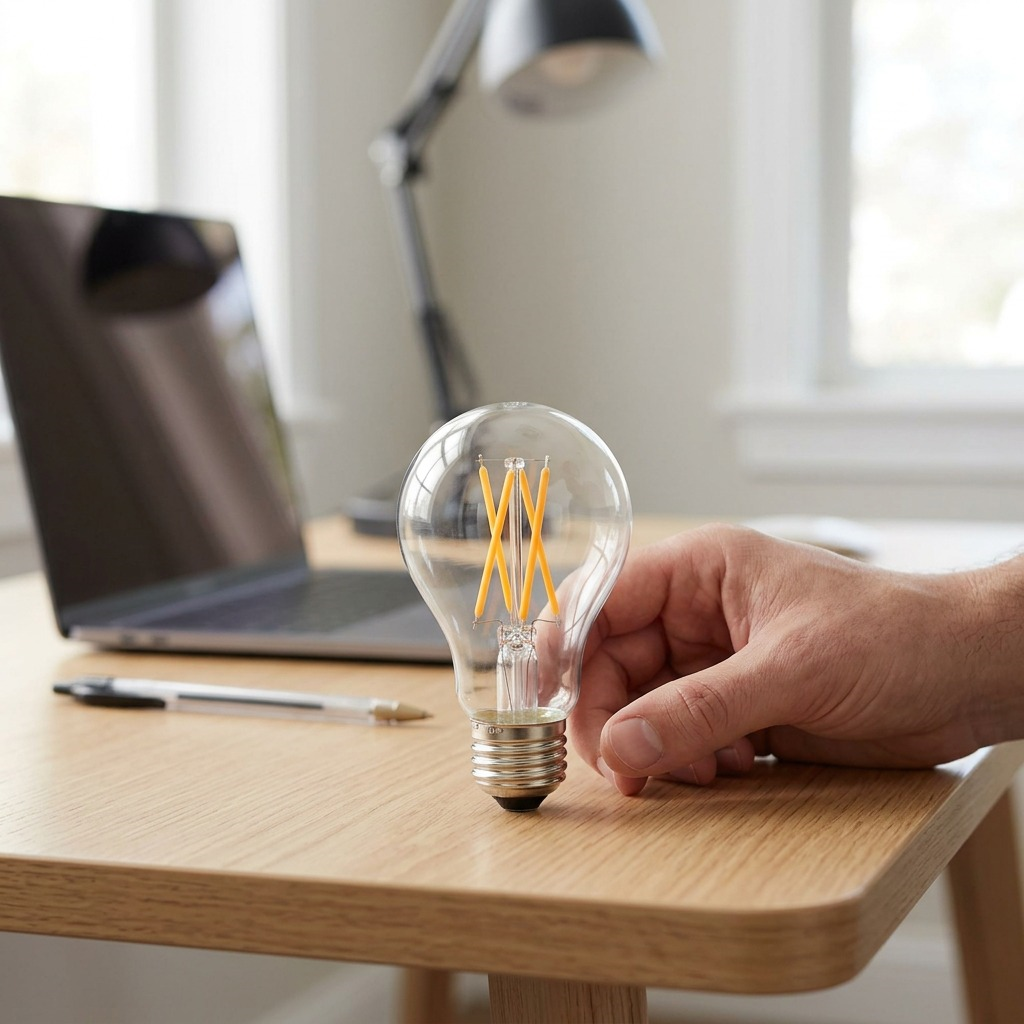 A close-up of the LEDVANCE A19 filament bulb on a modern wooden desk, with a hand to establish its visual scale.