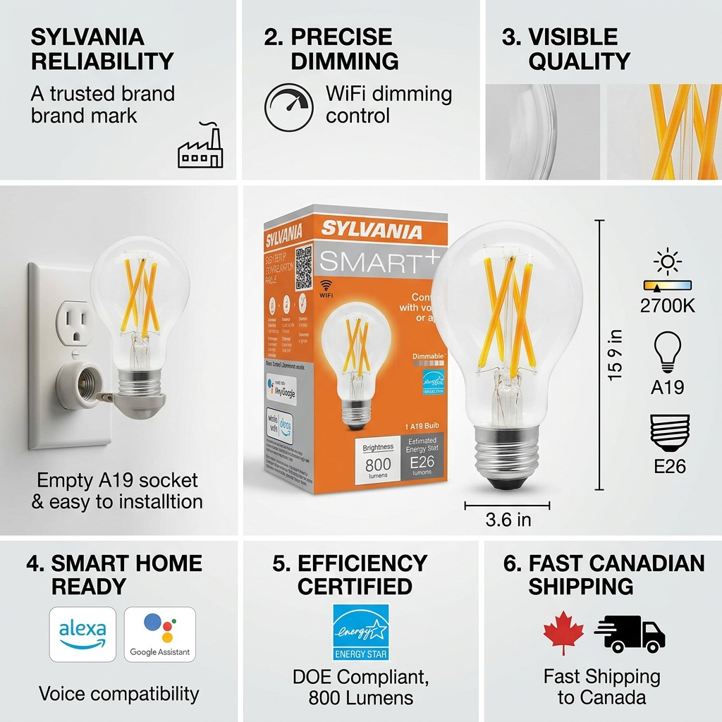 An infographic of Sylvania SMART+ WiFi Filament A19 bulb with key product features surrounding it.