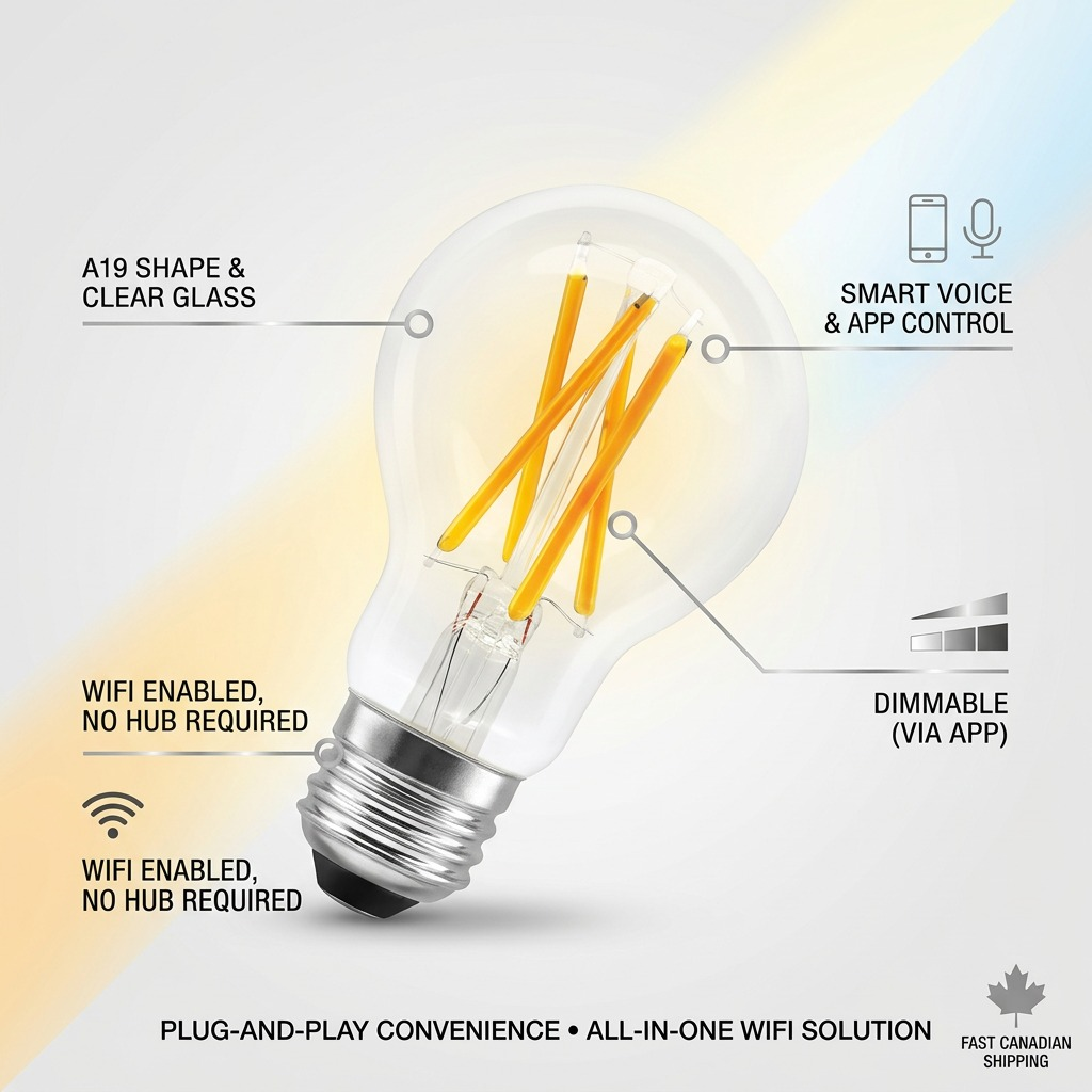 Feature callouts for LEDVANCE A19 clear filament WiFi bulb with app and voice control, dimming.