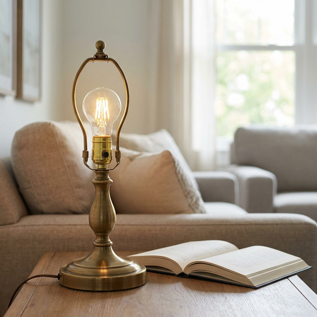 A close-up photograph of the Sylvania SMART+ A19 LED filament bulb, as shown in image_0.png, installed and glowing softly in a modern, antique-bronze table lamp in a contemporary living room. Natural daylight filters in from a window, creating a warm, comfortable interior ambiance. The focus is sharp on the bulb's intricate LED filaments and glass body. No packaging is visible. The scene uses neutral ecommerce styling.