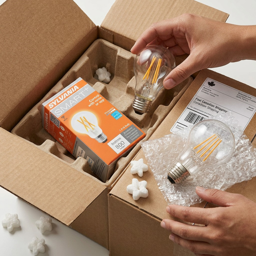An image showing the SYLVANIA SMART+ WiFi Filament A19 bulb secure in a shipping box, surrounded by biodegradable peanuts.