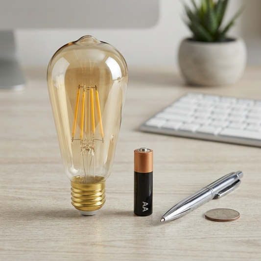 Scale reference photo: The Sylvania SMART+ ST19 Amber filament bulb, as referenced from image_0.png, stands next to a standard AA battery and a pen on a wooden desk.