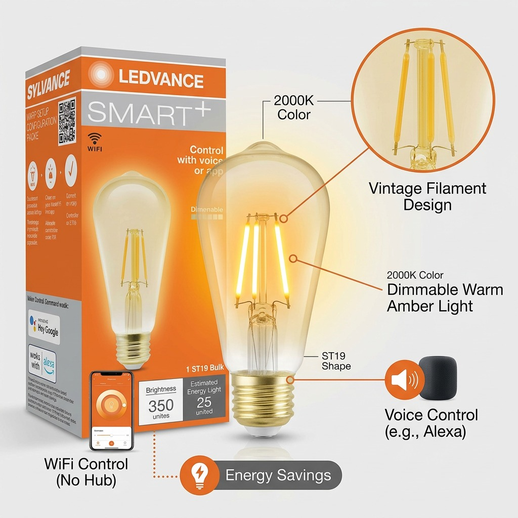 Operational features infographic for LEDVANCE SMART+ WiFi Filament Amber ST19 bulb.