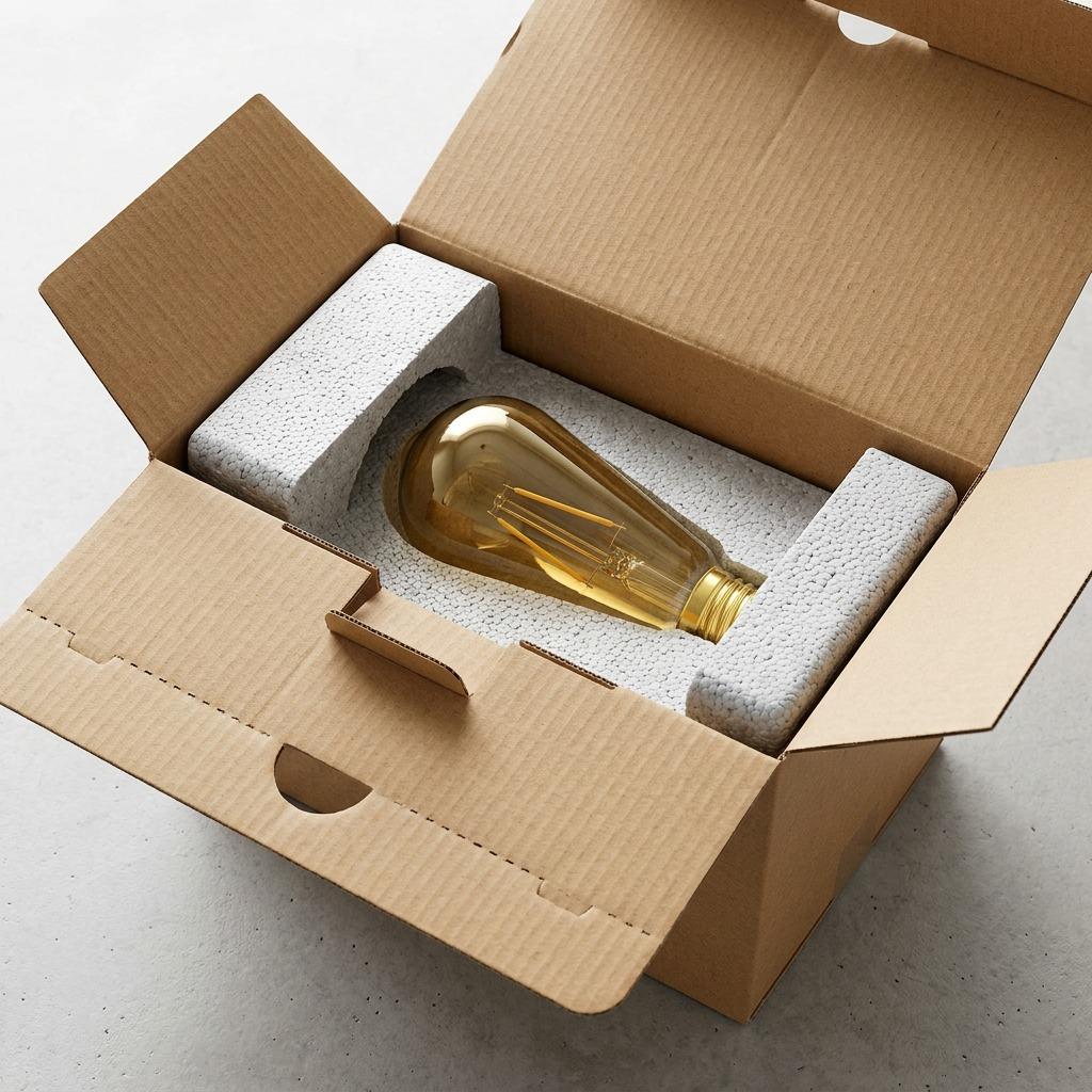A photo-realistic scene of the LEDVANCE SMART+ WiFi filament bulb securely nested in custom expanded polystyrene foam within an open shipping carton, demonstrating safe transit.