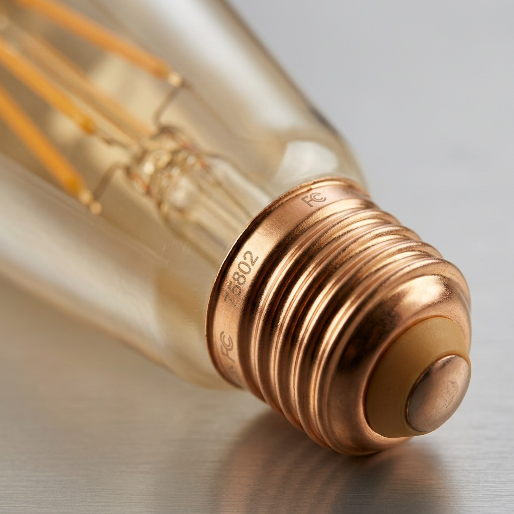 A macro photo focuses sharply on the golden-threaded E26 base and the base of the amber-tinted ST19 smart LED filament bulb, revealing the precise texture, insulation ring, and metal contact. The amber bulb and the metal base show realistic finishes under soft, directional illumination, set against a softly blurred neutral grey background.