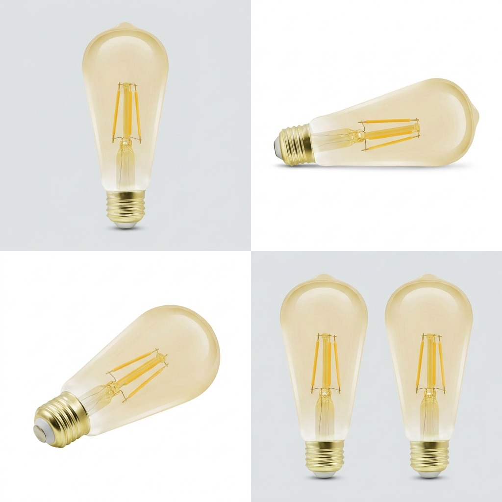 A product matrix featuring four distinct Sylvania SMART+ WiFi ST19 Amber filament bulbs, with three orientations (vertical, horizontal, angled) and one side-by-side comparison.