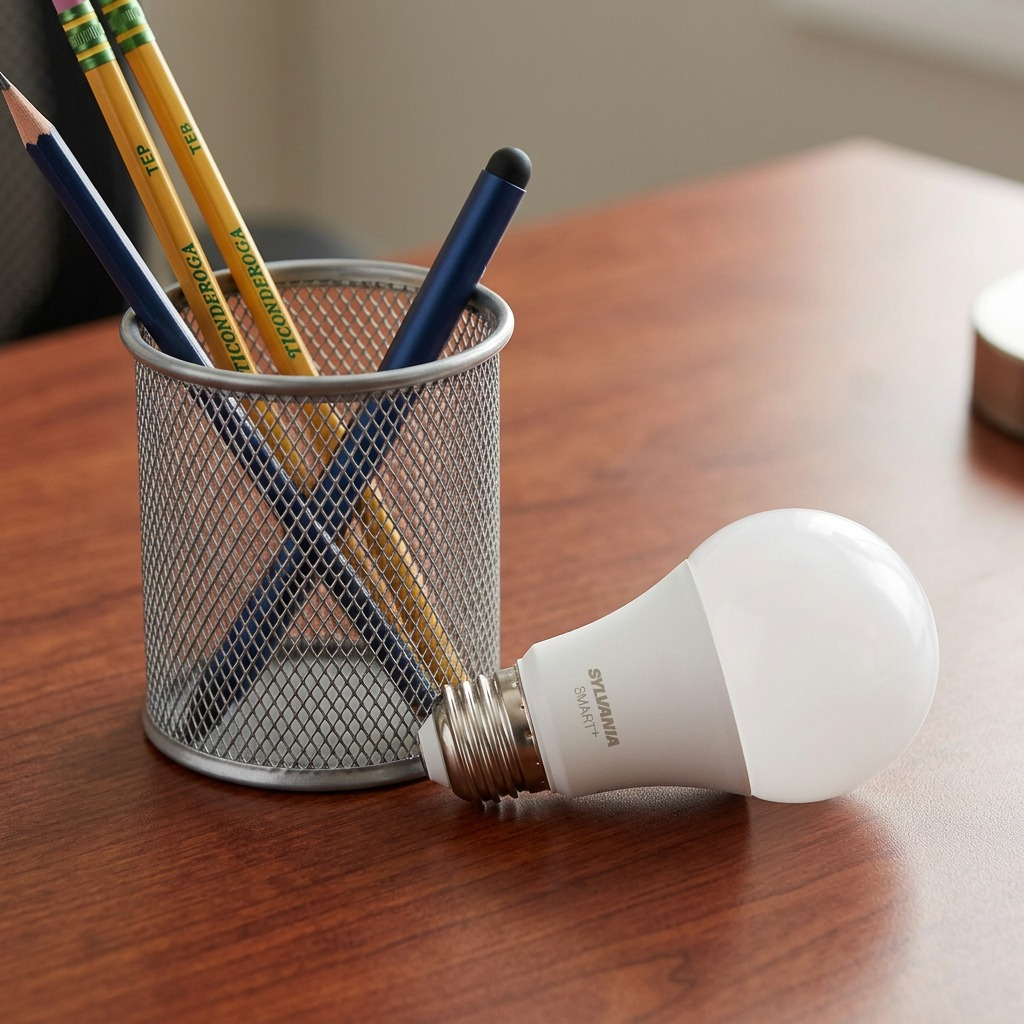 A visual matrix image showing the Sylvania Smart+ bulb on a desk next to a pencil holder for scale reference.