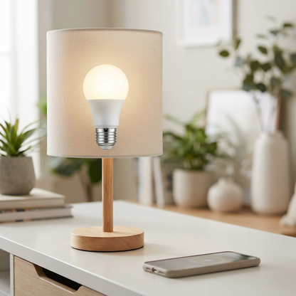 Lifestyle image showing a single SYLVANIA SMART+ A19 LED Wi-Fi bulb (MPN 75735) screwed into a modern, minimalist tabletop lamp base, subtly controlled by a generic smartphone nearby, emitting a warm, soft white light. The context is a cozy and contemporary living room desk setting. The focus is entirely on the product and its usage, with realistic lighting and scale, and no extraneous text or packaging.