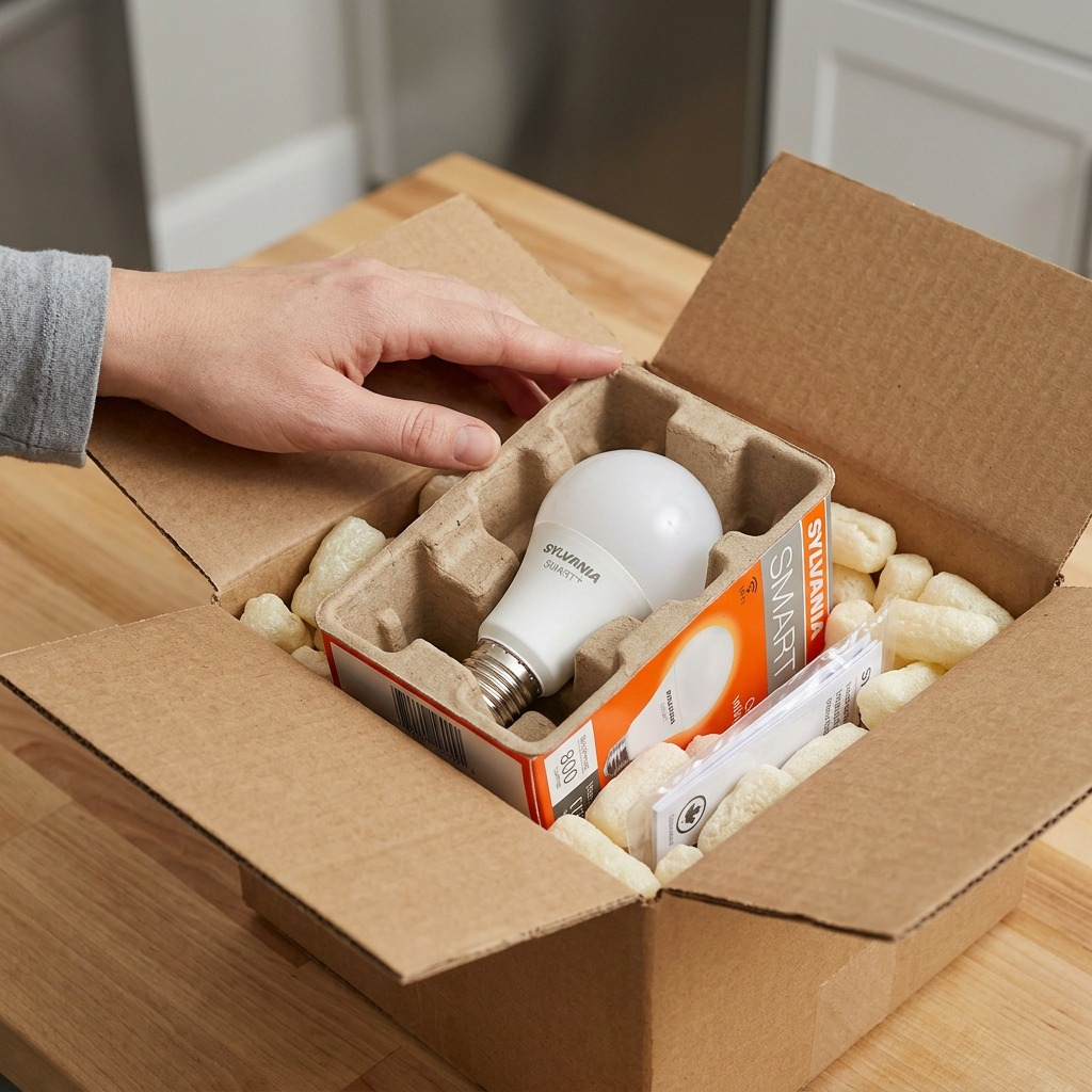 An unboxing scene shows the Sylvania Smart+ bulb and box (MPN 75735) secured among protective packing peanuts in a larger shipping carton.