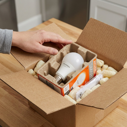 An unboxing scene shows the Sylvania Smart+ bulb and box (MPN 75735) secured among protective packing peanuts in a larger shipping carton.