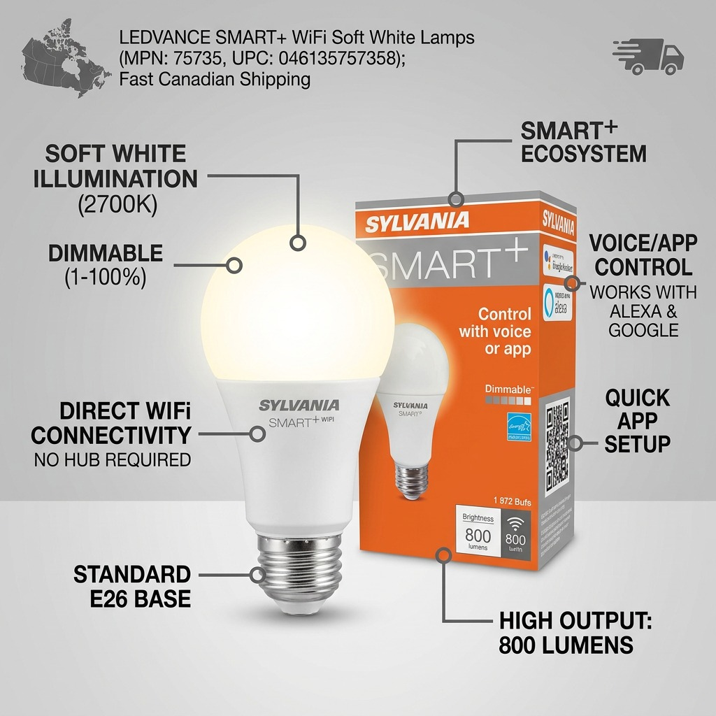 An operational feature callout visual image showing the LEDVANCE SMART+ WiFi Soft White Lamp for SKU 75735, with clean lines and brief feature labels.