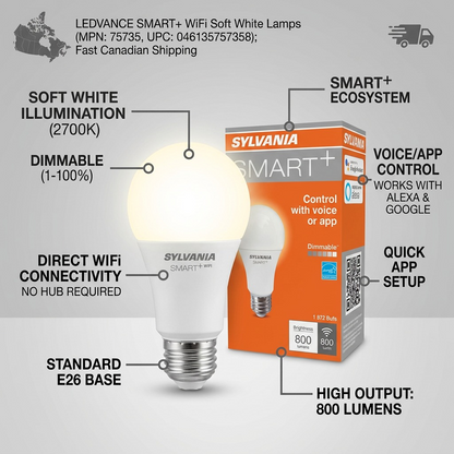 An operational feature callout visual image showing the LEDVANCE SMART+ WiFi Soft White Lamp for SKU 75735, with clean lines and brief feature labels.