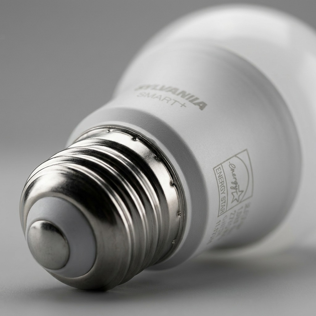 A detailed macro photograph focusing on the Edison screw base and certification engravings of a smart bulb.