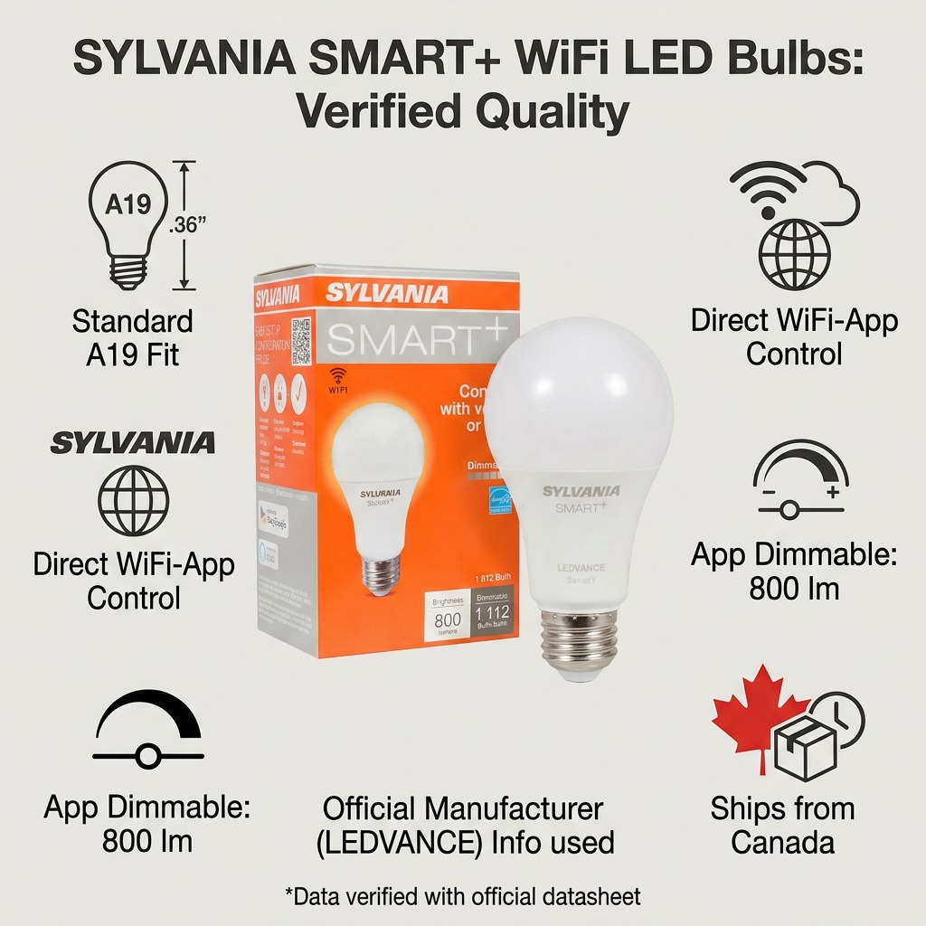 Infographic matrix for Sylvania SMART+ bulbs, showing features, dimensions, specifications, and regional shipping.