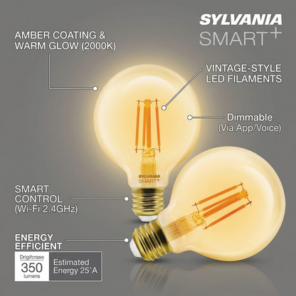 Feature infographic of the Sylvania SMART+ G25 amber bulb with 2000K warm glow and vintage LED filaments.