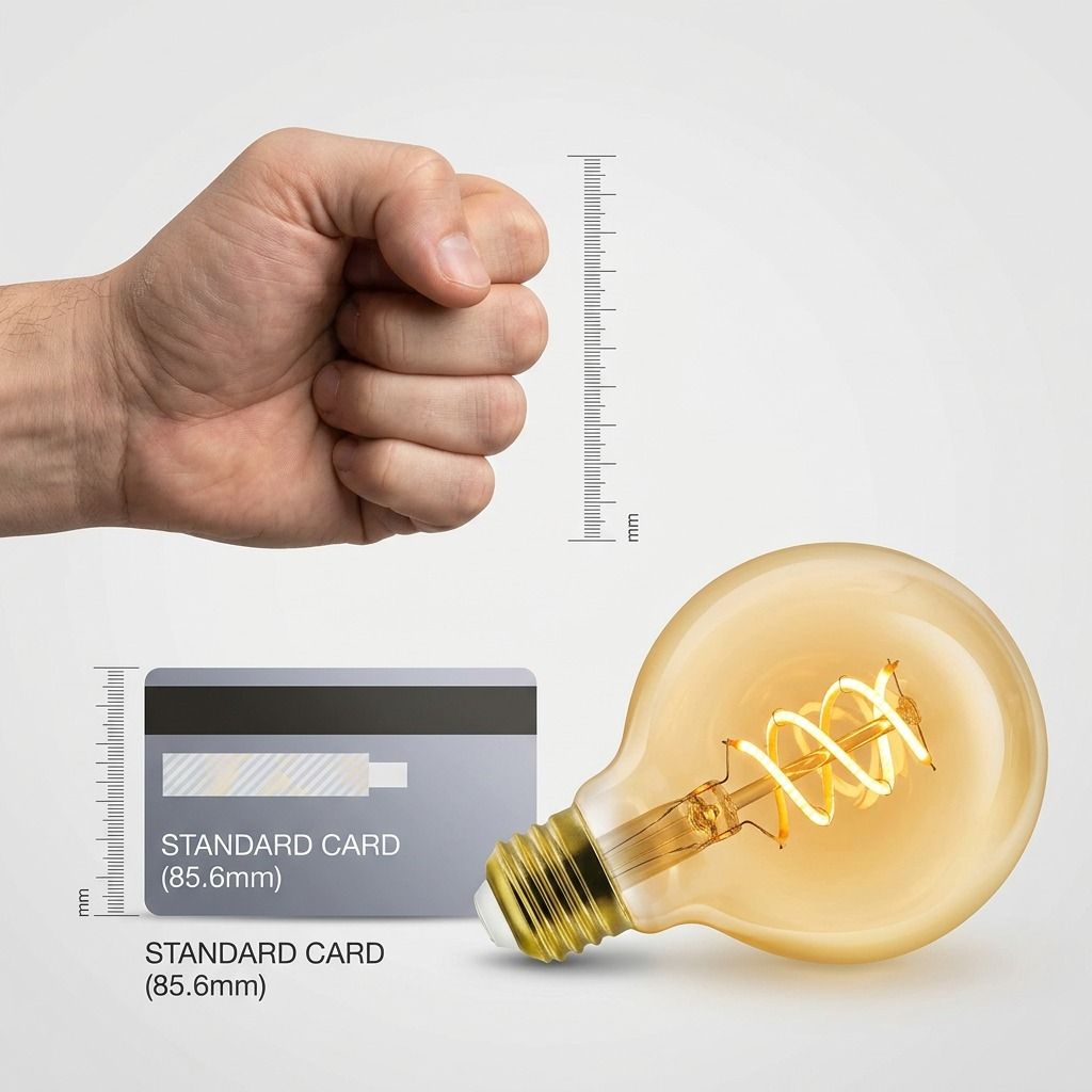 A photorealistic scale comparison showing the G25 Amber light bulb next to a person's fist and a credit card.