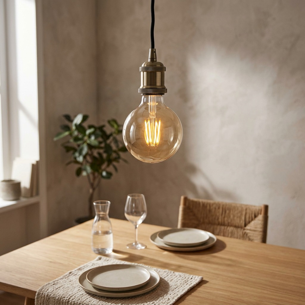 LEDVANCE G25 filament bulb installed in a modern pendant fixture over a cozy dining table setup.