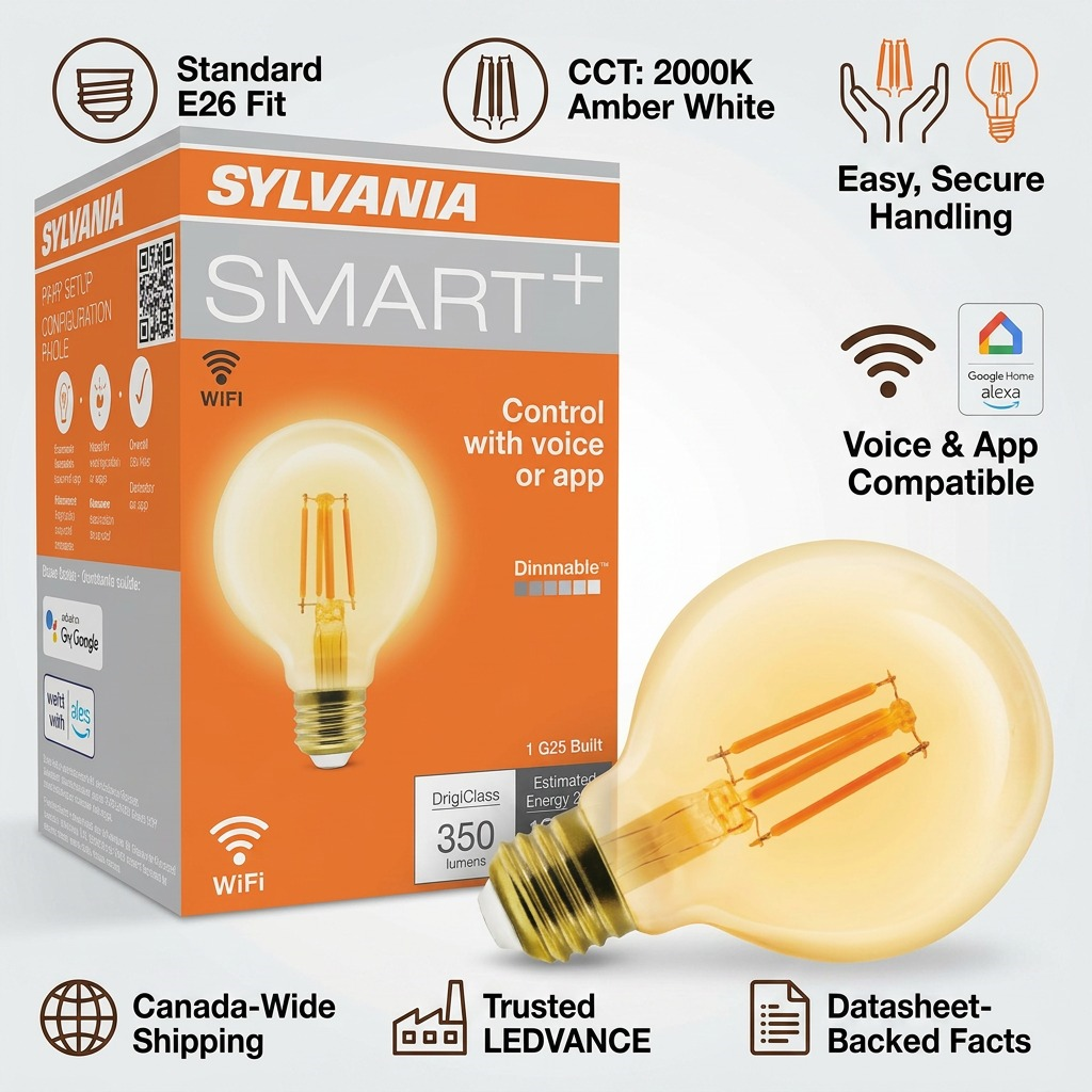 An infographic for LEDVANCE SMART+ G25 WiFi bulbs, featuring the product box and a filament bulb, with trustworthy icons and short text cues.
