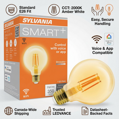 An infographic for LEDVANCE SMART+ G25 WiFi bulbs, featuring the product box and a filament bulb, with trustworthy icons and short text cues.