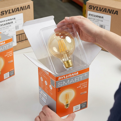 Unboxing a smart G25 amber bulb with protective foam and retail box.