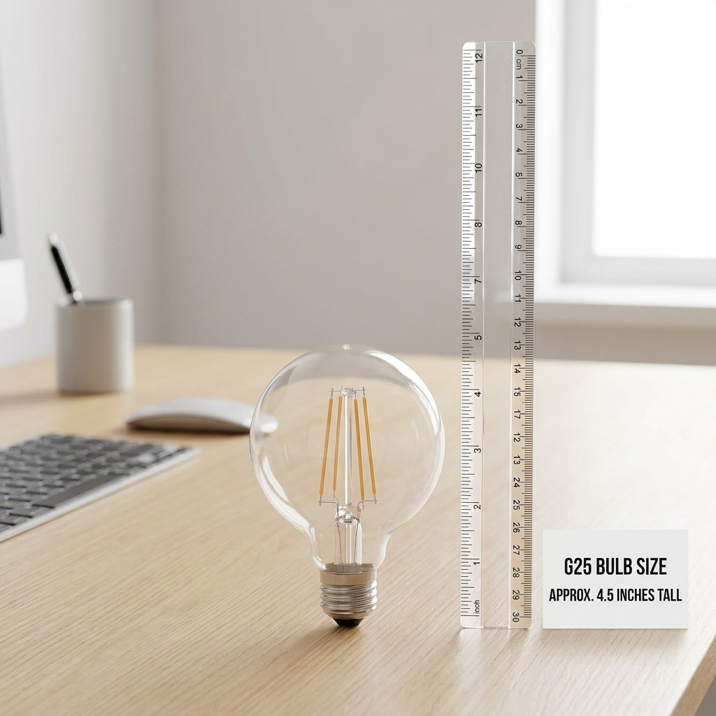 Sylvania SMART+ WiFi G25 filament LED bulb shown to scale with a ruler on a desk, approximately 4.5 inches tall.